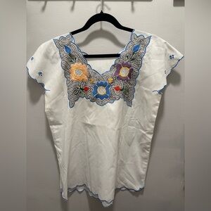Handmade Embroidered Floral White Top Size S/M